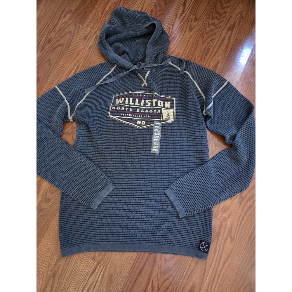P51 Mega Waffle Hoodie Mens Large Blue Williston North Dakota Graphic Pullover